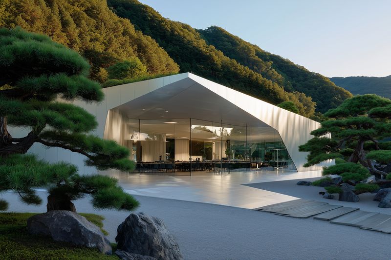 Modern architecture villa with glass facade set against mountain backdrop and minimalist zen garden, outdoor stone pathway and tranquil reflecting pool near living area