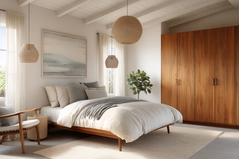 Bedroom with bed and wooden wardrobe, pendant lights and natural light, linen bedding on textured rug, woven chair and green plant, framed artwork for calm interior design