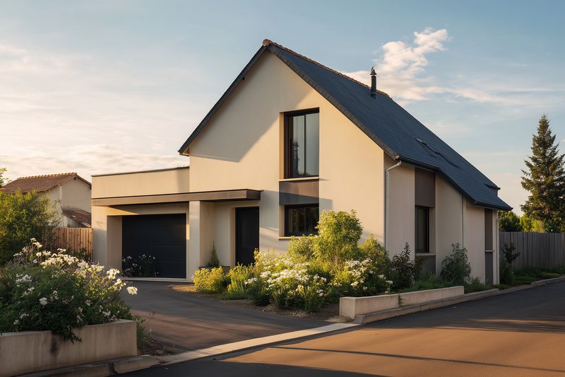 House garage driveway garden architecture modern residential facade with landscaped front yard and flowering shrubs suburban exterior at golden hour showing clean lines and windows