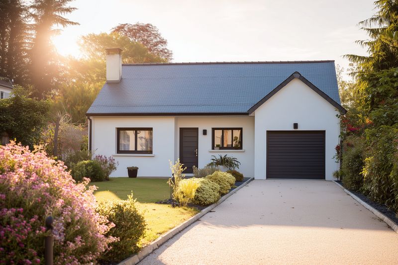 House bungalow garage driveway garden cottage facade sunlight, suburban family home with manicured lawn and flowering bushes in front, morning light on white exterior