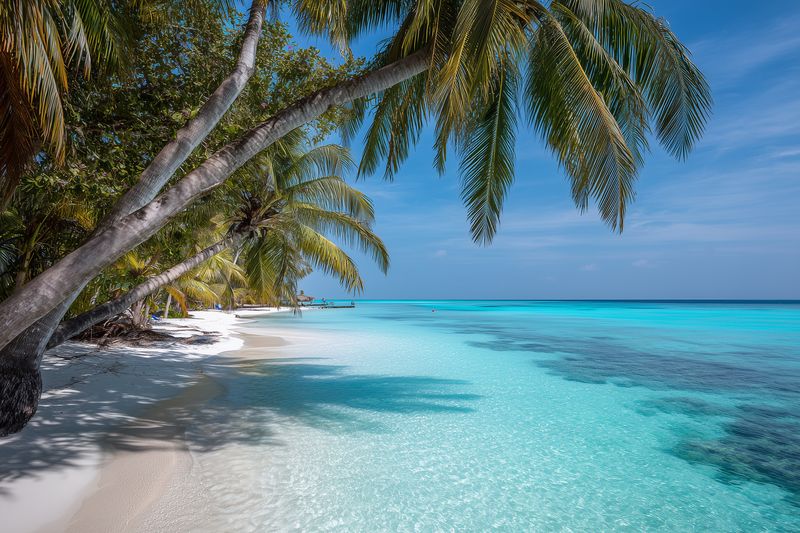 Beach palm tropical ocean turquoise sand, sandy shoreline with leaning palms over clear shallow water, peaceful lagoon scene for vacation travel relaxation and island escape sun