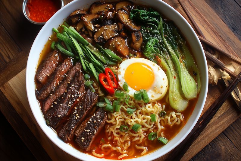 Ramen beef egg bokchoy noodles broth mushrooms chili scallion, bowl of spicy Asian noodle soup with sliced grilled beef boiled egg baby bok choy sauteed mushrooms and chili rings