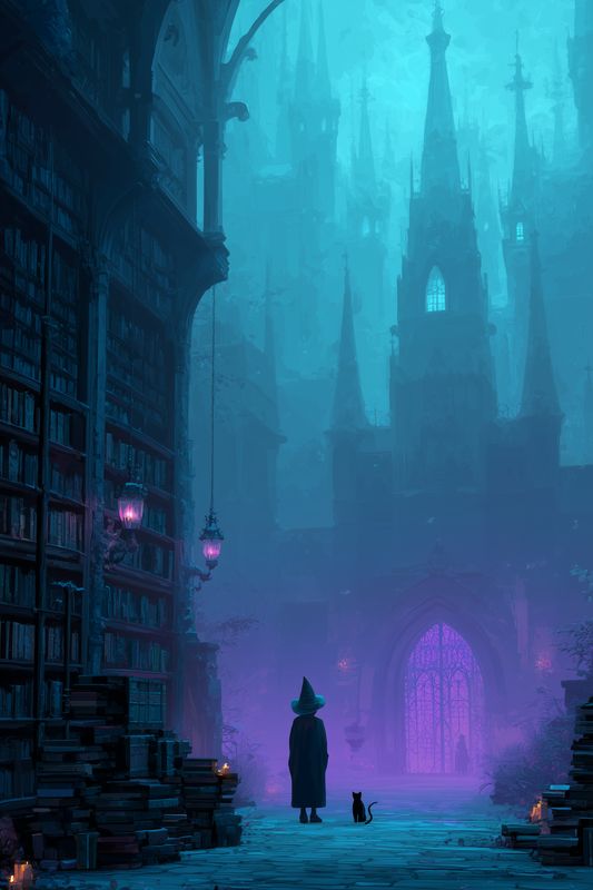 A witch and black cat stand in a vast library courtyard facing a foggy gothic castle entrance, magic lanterns and candles casting purple glow across ancient books and stone