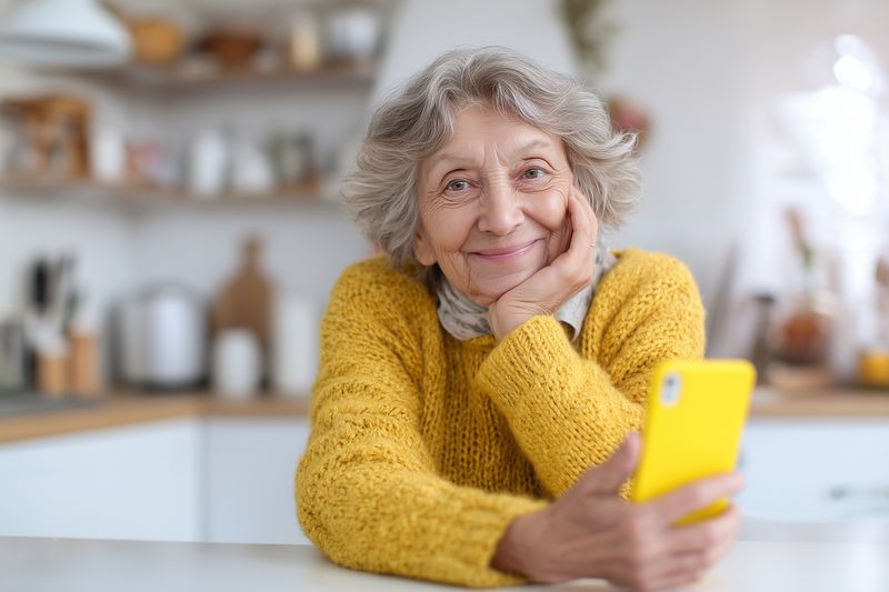 Senior woman smiling with smartphone in yellow sweater in bright kitchen, cozy home scene for communication and happy aging with relaxed expression and warm lighting