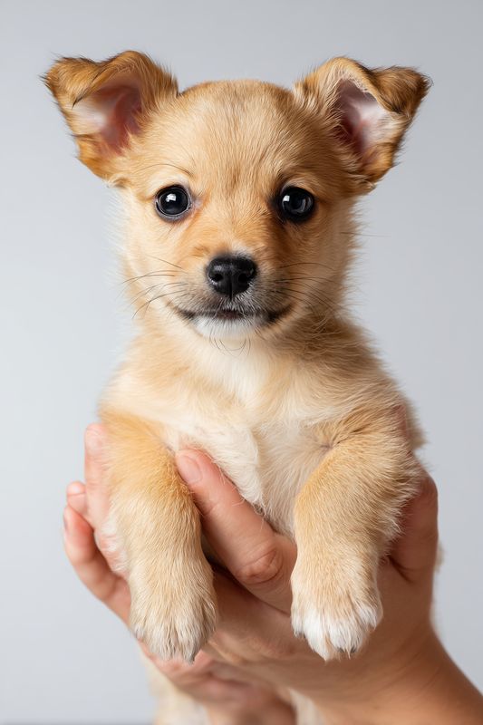 puppy dog pet cute small eyes, close up of a tiny brown puppy held in gentle hands for adoption concept, studio lighting and soft fur detail, animal care and cute expression