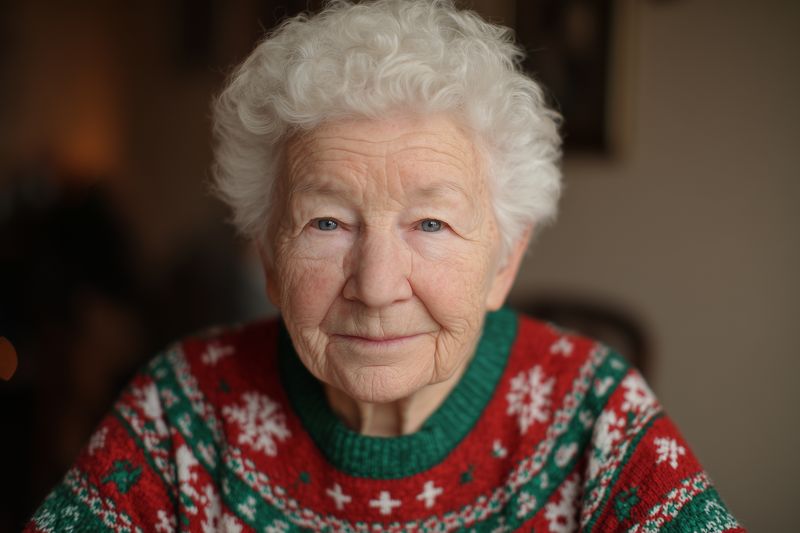 Elderly senior grandmother woman face smile close up in cozy holiday sweater, warm indoor lighting, soft expression, detailed wrinkles, home setting knitwear