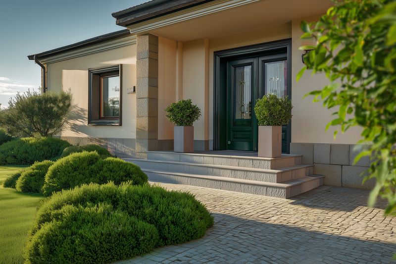 Entrance house doorway steps garden landscaping green door pathway stone stairs and potted topiary shrubs exterior facade manicured lawn for curb appeal and welcoming entry