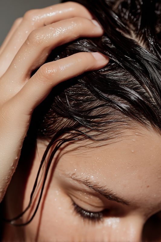 Wet hair hand scalp forehead eyelashes closeup, woman washing hair with water on wet skin, fingers massaging scalp for haircare routine shampoo treatment beauty detail