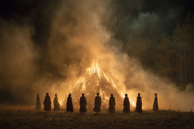 Bonfire ritual cloaked fire night ceremony silhouettes tradition smoke figures around burning pyre in clearing, gathering with dramatic flames and dense smoke under dark sky