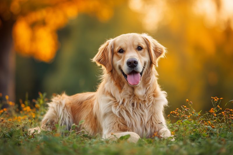 dog golden retriever pet canine outdoor nature grass happy tongue summer lying relaxed in sunset meadow warm light bokeh cozy scene for animal lifestyle and companion photo