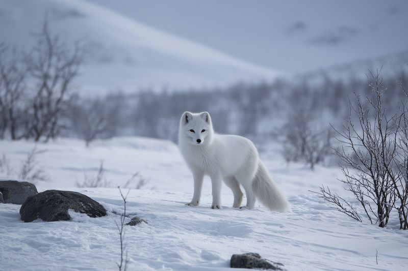 Arctic fox in snow on tundra landscape, white winter fur blending with cold environment, wildlife animal stands alert among rocks and sparse shrubs in frozen natural habitat