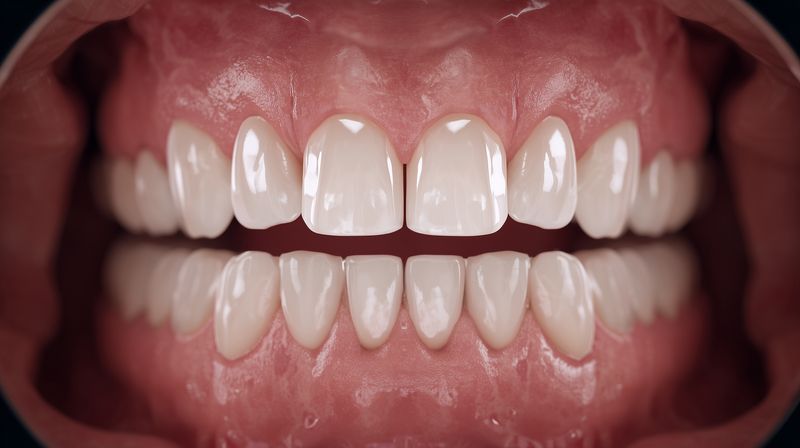 Teeth smile dental gums oral hygiene close up of upper and lower teeth showing white enamel and healthy pink gums, clinical lighting highlights enamel texture, dental cleaning whitening and oral