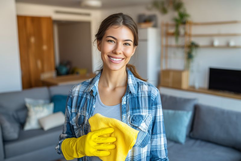 Cleaning woman smile in living room with yellow gloves and cloth, domestic housework and tidy interior, happy cleaning routine in modern cozy lounge and organized space