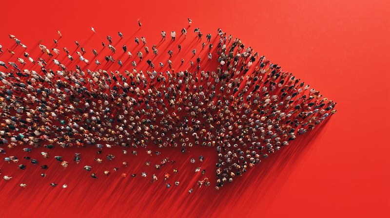Arrow crowd people direction movement teamwork on red background aerial view showing formation for leadership strategy progress and unity collective momentum