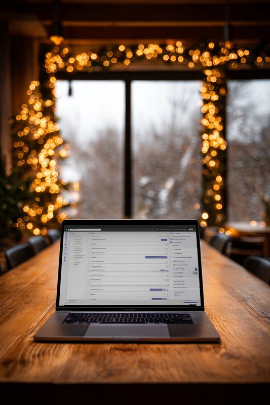 Laptop on wooden table in cozy workspace with remote setup and christmas lights by window snowy view, bokeh and laptop screen with visible form fields