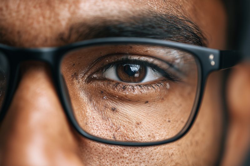 Eye with glasses closeup showing brown skin texture and clear reflection in lens, detailed eyelash and eyebrow, sharp focus for vision concept and eyewear detail