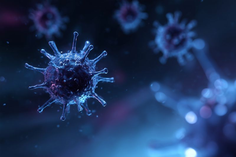 Virus, pathogen, infection, microscopic, biology, cellular, medical, pandemic 3d render of viral particle with spikes closeup science image for research and health