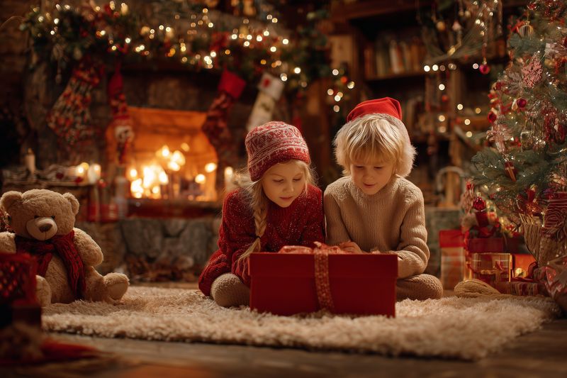 Children christmas gift fireplace tree cozy holiday present livingroom festive two kids opening a red gift box on a rug by a decorated tree and glowing fireplace warm family scene
