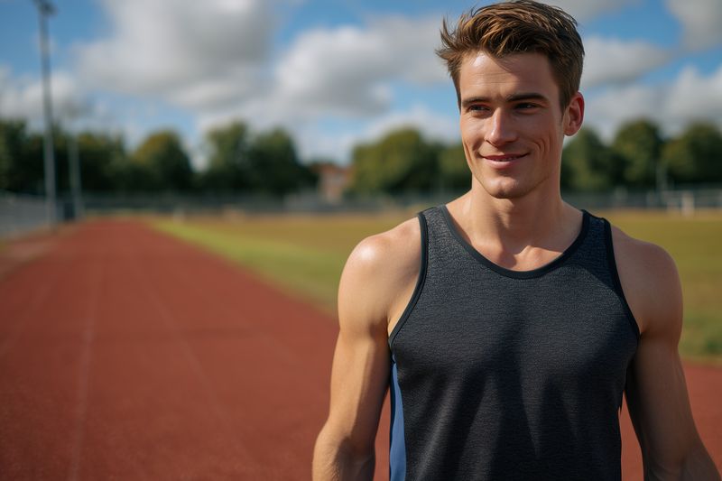 athlete runner track fitness smile training young male on outdoor running track during practice session wearing sleeveless tanktop showing toned arms and relaxed expression under blue sky