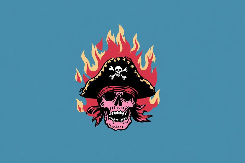 Pirate skull flames hat bandana fire illustration tattoo emblem horror design on blue background vintage graphic of burning pirate skull with bandana and tattered hat artwork