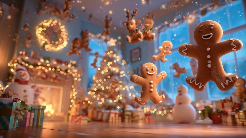 gingerbread cookie christmas holiday tree decorations lights gifts flying smiling gingerbread around decorated tree wrapped presents warm bokeh garland snowman cozy festive scene