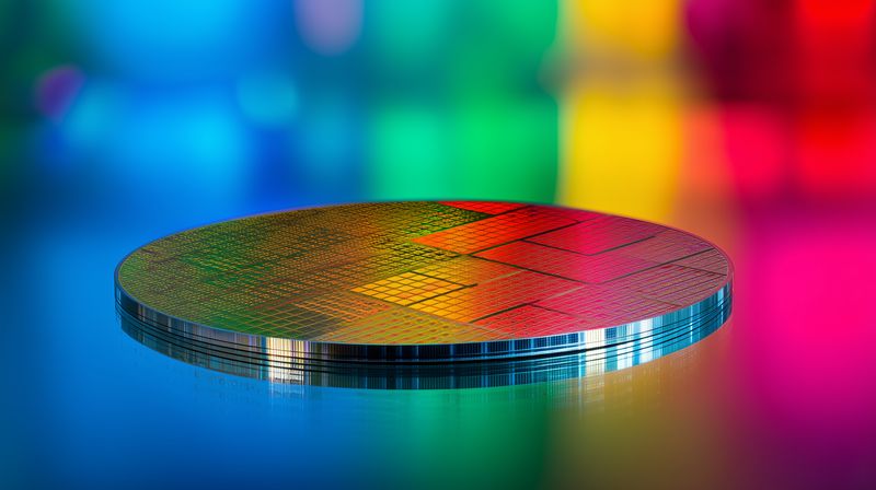 wafer semiconductor microchip silicon technology circuitry on reflective surface with colorful bokeh, closeup of chip substrate for production and research
