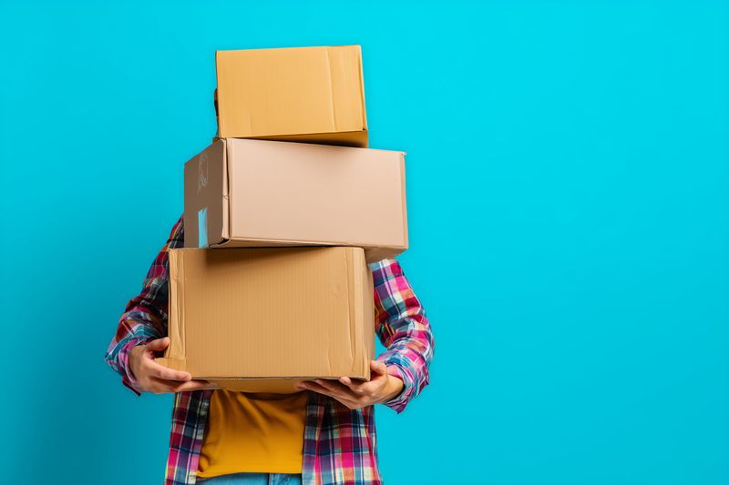 boxes cardboard delivery moving shipping stack hands package held by figure in plaid shirt against blue background for transport logistics and relocation