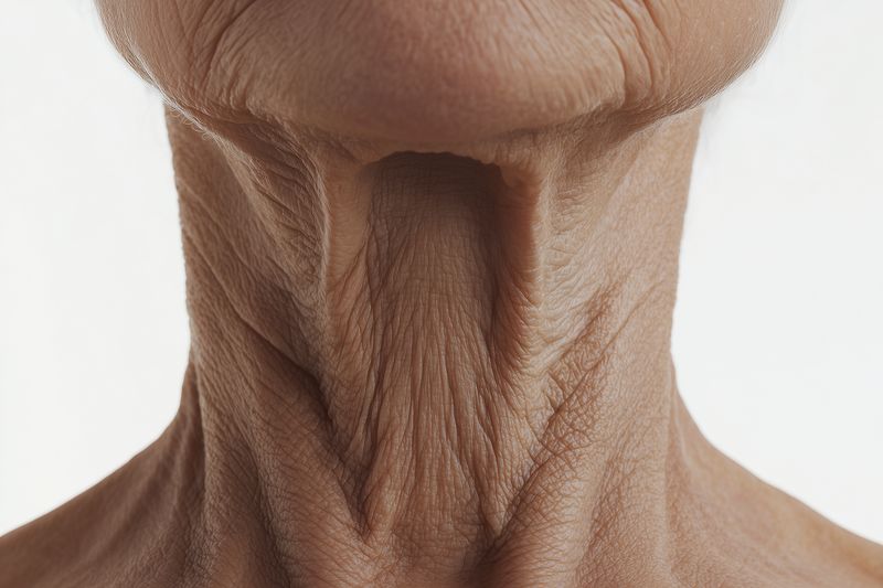 Elderly neck closeup showing deep wrinkles and aged skin texture for dermatology skincare and aging study medical detail and natural body aging signs clinical