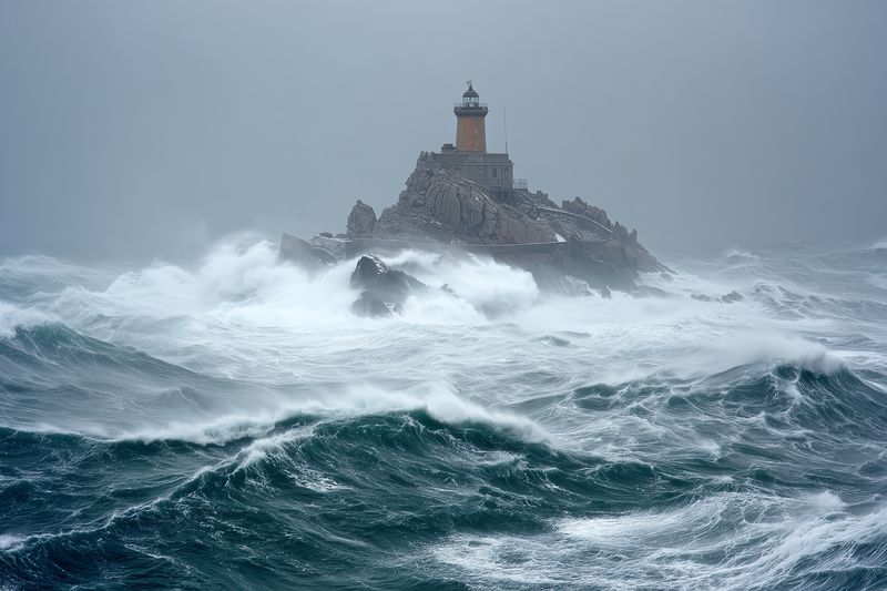 Lighthouse on rocky island in storm with crashing waves and turbulent sea, ocean scene with rough water maritime beacon and rugged rocks in harsh weather