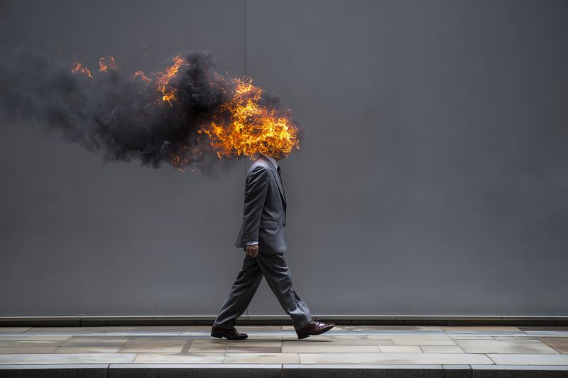 Burning head fire smoke walking suit businessman on street with surreal dramatic effect head engulfed in flames and black smoke danger concept and creative visual metaphor