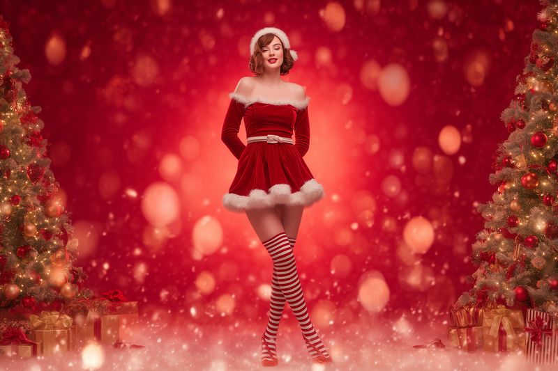 Santa Christmas woman in red velvet costume with white fur trim and striped stockings between decorated trees and wrapped gifts, festive bokeh snowfall ambiance