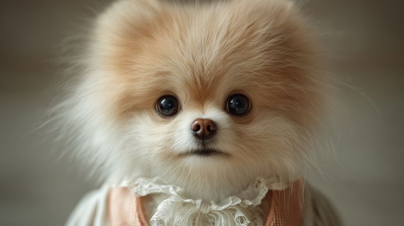 Dog pomeranian pet puppy cute fluffy wearing vintage lace clothing costume outfit in studio closeup with big eyes and soft fur showing adorable expression warm mood