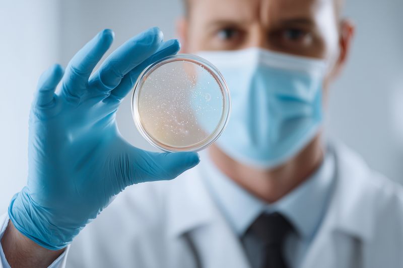 lab scientist holding petri dish with bacterial culture, wearing mask and blue glove in laboratory setting for microbiology research clinical testing and scientific colony analysis