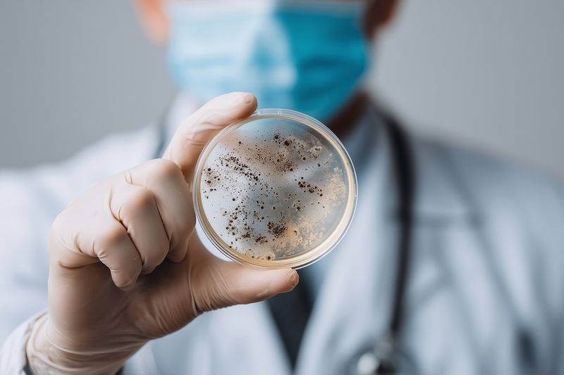 Petri dish bacteria mold lab scientist gloved hand holding contaminated culture for microbiology testing in research setting sterile glove mask and coat laboratory examination
