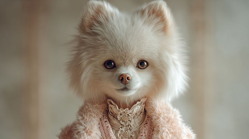 Pomeranian dog fluffy pet in lace outfit and fur coat, studio close up with soft light, cute small companion with expressive eyes and elegant styling softly