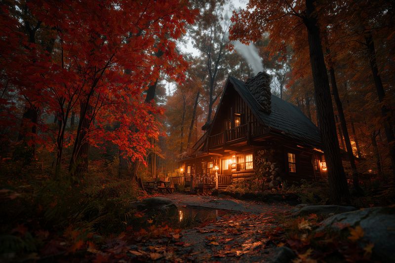 Cozy cabin cottage in autumn forest at night with warm fireplace light glowing through windows, wooden pathway and fallen leaves around a woodland retreat