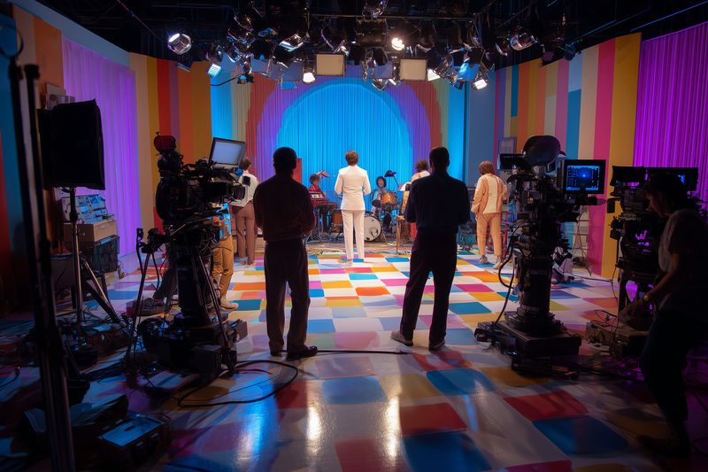 studio cameras crew stage band colorful lights set, tv studio with multiple cameras filming live music on vibrant retro stage, overhead lights and glossy floor reflections