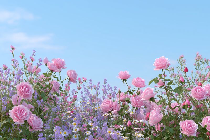 Roses pink flowers garden sky spring blossoms floral meadow with delicate petals and green foliage under clear blue sky romantic blooming scene for background and nature concept