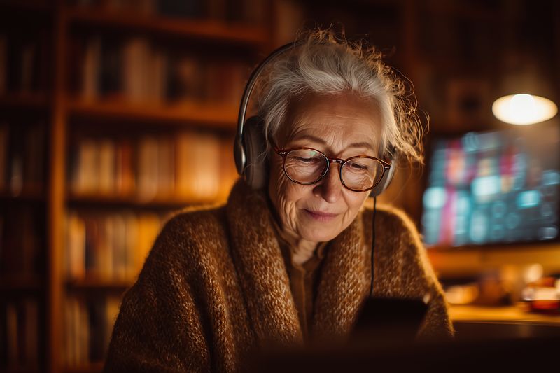 Elderly senior woman with headphones and glasses using smartphone among books in a cozy library setting with warm lighting and study desk for nighttime learning and relaxed reading routine